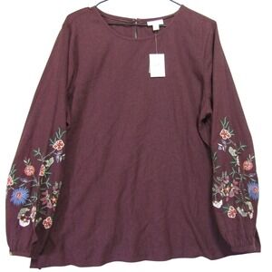 J. Jill Blouse Womens Large Burgundy Excellent Embroidered Beaded Linen Blend
